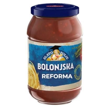 Na sliki je kozarec bolonjske omake, napis "omaka" pa je prekrit z napisom reforma.